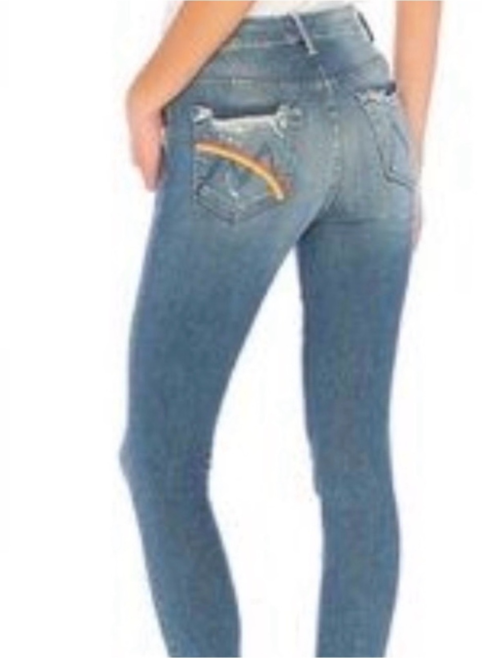 MOTHER  Women’s Distressed Dark Blue Jeans with Rainbow Back Pocket
